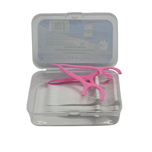 კბილის ძაფის ჩხირები პორტატული ქეისით, 100 ცალი