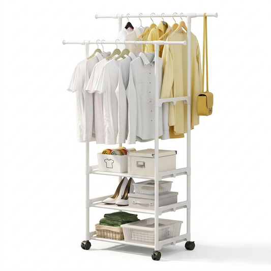 მეტალის ტანსაცმლის საკიდი-თარო ბორბლებით – მრავალფუნქციური Clothes Rack Organizer