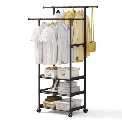 მეტალის ტანსაცმლის საკიდი-თარო ბორბლებით – მრავალფუნქციური Clothes Rack Organizer