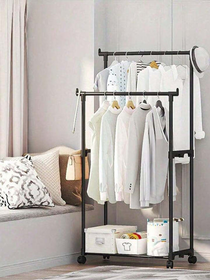 ორმაგი ტანსაცმლის საკიდი თარო ბორბლებით (მობილური სტენდი)