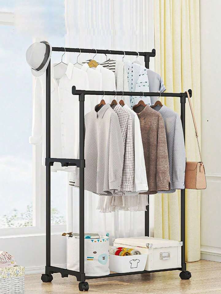 ორმაგი ტანსაცმლის საკიდი თარო ბორბლებით (მობილური სტენდი)