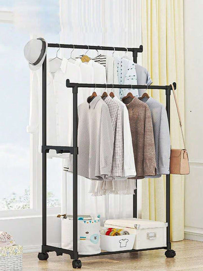 ორმაგი ტანსაცმლის საკიდი თარო ბორბლებით (მობილური სტენდი)